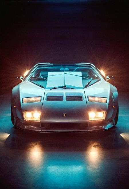 analog film photo (Sportscar gleaming prototype, symmetrical front view, bright headlights), neon lights, glass background, light reflections, (stylish, film grain:1.3) . faded film, desaturated, 35mm photo, grainy, vignette, vintage, Kodachrome, Lomography, stained, highly detailed, found footage