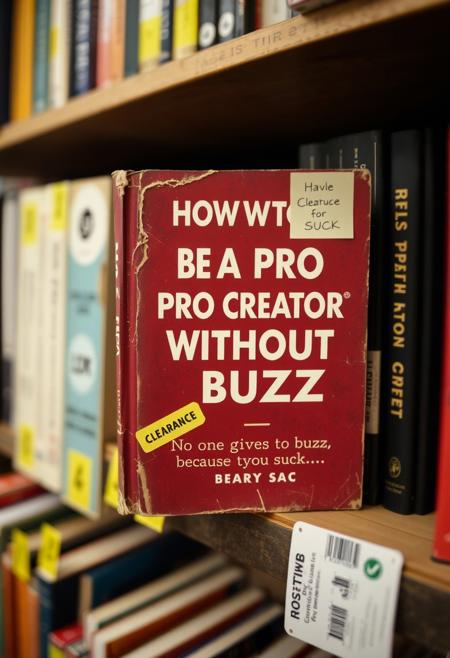 an old book a self-help book with the title in the cover "HOW TO BE A PRO CREATOR WITHOUT BUZZ" and the subtitle "No one gives you buzz, because you suck" with a sticker of clearance labels   in a shelves of an old book store