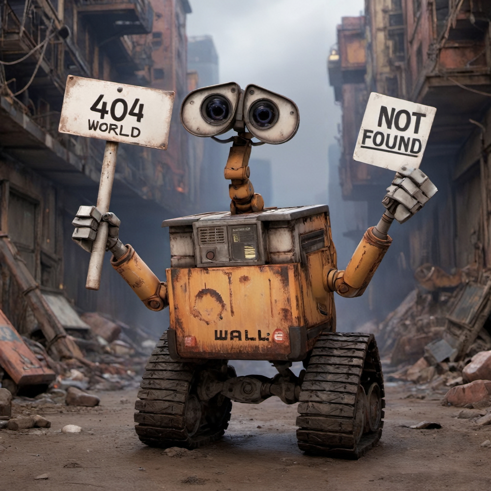 A Wall-E robot is holding a "404 Not Found" sign.