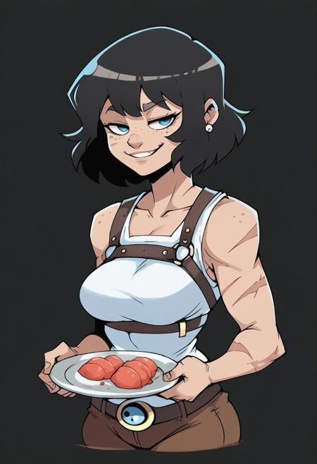 score_9, score_8_up, score_7_up,<lora:Jouste_v.0.5:1> jou5te, black outlines, dark  backgroud, wakfu,
upper body, portrait, 1girl, 20 years old, 1girl, black hair, curly hair, semi-short hair, blue eyes, pale skin, freckles, scars, human ears, silver piercings, silver earrings, medium perky breasts, athletic, wearing leather harness, chest plate, brown pants, belt, sword at the side, smug