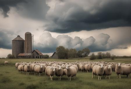 Cumulo-nimbus storm cloud landscape, close-up flocks of grazing sheep, background antique wooden farmhouse with antique grain silo, photography very realist