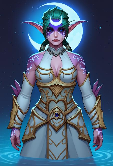 TyrN, colored skin, facial mark, pointy ears, elf, green hair, short hair, ponytail, twin braids, braided hair, blue eyes, black sclera, medium breasts TNArm, halterneck, cleavage cutout, armored dress, feathers, detached sleeves, vambraces, long skirt, knee boots glowing markings, glowing ears, glowing body, crescent hair ornament TyrO, colored skin, facial mark, pointy ears, elf, green hair, long hair, blue eyes, glowing eyes, no pupils, large breasts TODre, tiara, silver jewelry, white gown, single shoulder pad, wide sleeves, armlet, toeless footwear TOArm, forehead crescent, circlet, pauldrons, breastplate, breast cutout, cleavage, bracer, pelvic curtain, greaves