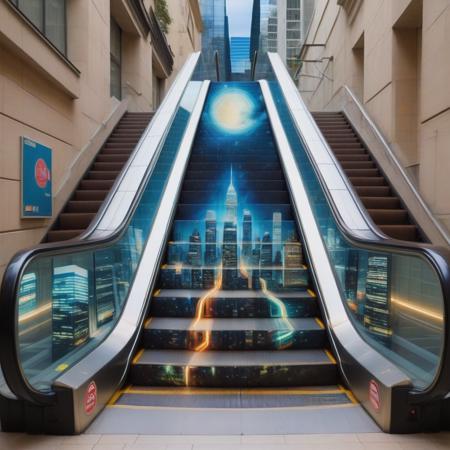 masterpiece, best quality, escalator-art, a bustling cityscape, teeming with life, energy, and architectural marvels. Skyscrapers soar towards the sky, their glass facades reflecting the vibrant lights of the city below <lora:escalator-art:0.75>