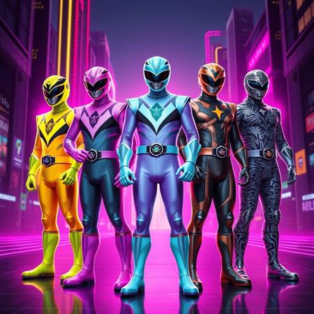 Five futuristic heroes in Power Ranger-style suits, each themed after a different psychoactive substance. One in neon colors with sharp angles represents stimulants. Another in soft purples with flowing patterns symbolizes psychedelics. A relaxed hero in greens reflects cannabis with organic textures. The fourth, in dark metallic shades, represents depressants with a heavy design. The last, in chaotic patterns, symbolizes hallucinogens. They stand confidently in a neon-lit futuristic city with a dark sky