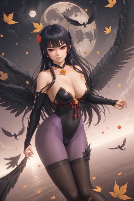 masterpiece, best quality, nyotengu, purple pantyhose, long hair, sprinkles, (black wings:1.2), night, moonlight, black feathers, pov, wind lift, (dynamic pose:1.4), (flying through the sky:1.2), looking at viewer, (maple leaf:1.1),  <lora:nyotengu-000018:0.4>