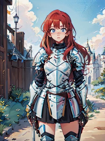 (best quality, masterpiece, illustration:1.1), 1girl, female knight, full metal armor, red hair, grey eyes, holding sword, castle, sidelighting, (cowboy shot:1.2), <lora:BrushlineBeta:0.7>