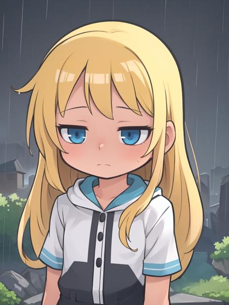 best quality, masterpiece,
(jitome:1.5), blue eyes, empty eyes, expressionless,
1girl, solo, (portrait:1.2), blonde hair, arms at sides,
outdoors, raining, dark sky, wet clothes,
<lora:EyeControl_Jitome:1.0>