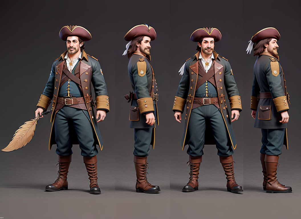 A photographic style character turnaround of a an 1800's flamboyant pirate captain with a big feather in his hat and a peg...