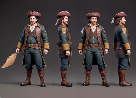 A photographic style character turnaround of a an 1800's flamboyant pirate captain with a big feather in his hat and a peg leg. Parrot, eyepatch, mustache, grin, highly detailed face. Multiple views of the same character in the same outfit, <lora:mw_charturn3:.3>  (15Charturn_longCap_D: .5), art by smoose2, ANALOG STYLE, MODELSHOOT STYLE, NSFW, NUDITY