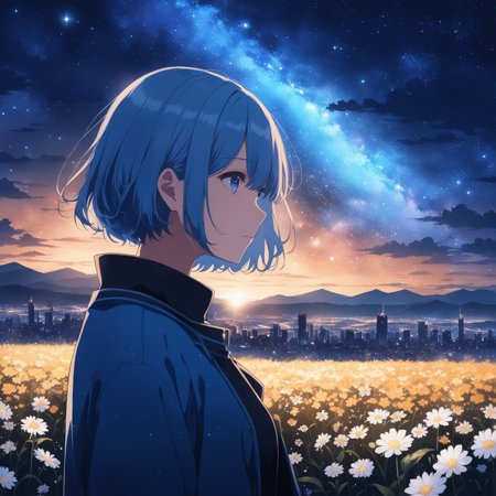 anime girl, night, blue light behind her, ((Galaxy, Lens flare)), short hair, flower field, night sky, cinematic shot. Wallpaper. (Blue color schema), detailed background, a city in the distance