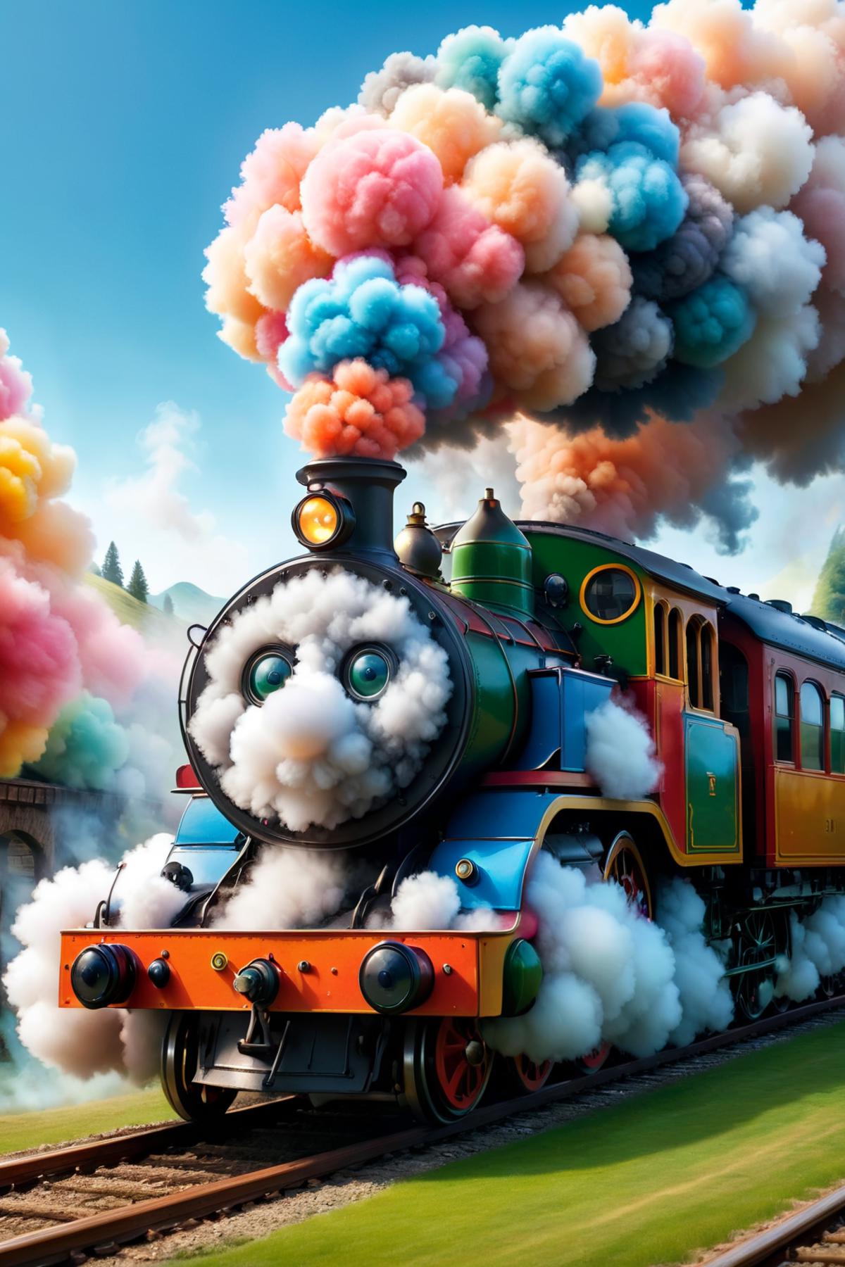Colorful cartoon train with smoke billowing out of the engine.