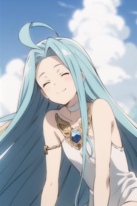 <lora:lyria:0.8>, solo, 1girl, lyria_\(granblue_fantasy\), granblue fantasy, aqua hair, shiny hair, very long hair, ahoge, closed eyes, small breasts, collarbone, smile, =3, (doyagao:1.1), closed mouth, white cami-dress, bare shoulders, sleeveless, strapless, standing, full body, from front, leaning back, summer sky, cloudy sky,