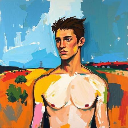 Abstract expressionist painting by Linda Vallejo, Richard Diebenkorn, Jackson Pollock. Thick impasto. Loose, gestural brushwork. Wide, rough brush strokes, Abstract. Abstract expressionism. Vibrant colors. Gestures in paint towards an abstract masculine figure in an abstract California landscape.