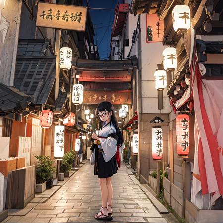 best quality, ultra-detailed, illustration,
1girl, glasses, solo, black hair, long hair, smile, looking at viewer, upper body, face focus,
scenery, lantern, paper lantern, outdoors, building, sky, architecture, road, east asian architecture, japanese clothes, sign, street, city, power lines, pavement, night
 <lora:houzenji_yokocho_SD15_V1:0.8>