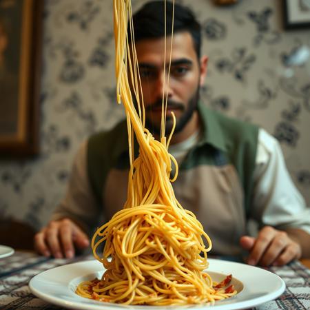 a person (((breaking))) spaghetti in front of an Italian