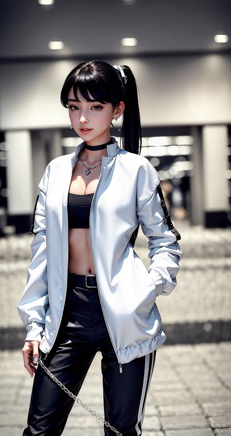 masterpiece, best quality, beautiful clean face, 1woman, wearing techwear jacket and pants with buckle and tape, (crystal necklace), posing for a picture, (black short ponytail), long legs, big happy warm smile, very small breasts, carry a backpack on back, in the mall <lora:UrbanSamurai_fashion:0.8>