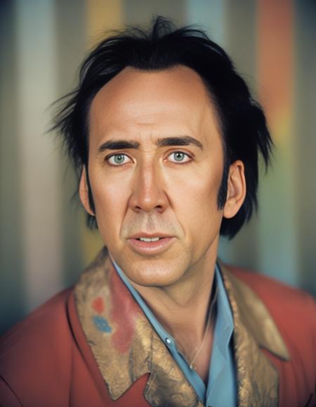 NicolasCage,<lora:NicolasCageSDXL:1>, art by Tiffany Bozic and Lawrence Weiner, portrait,close up of a skinny (Male:1.3) , the Male is Ugly and Delightful, the Male is dressed in a Small Asian costume that was forged by Gnomes, It is dark rainbow, The costume looks Shabby on him, Making funny face, Appealing hair styled as Mullet, he has a Shimmering Byzantine Freckles, Casual Cape, background is Glamorous grass, shallow depth of field, Fearful, Christcore, Ethereal Lighting, Gold detailed eyes, cozy Sapphire eyes