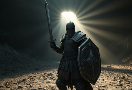 Epic Raider's Knight, crimson obsidian plate armor, visored helm, gleaming sword, weathered shield. Commanding pose in a desolate ash wasteland before a shadowed cavern entrance. Cinematic, dramatic god rays, gritty atmosphere. Octane render, Unreal Engine 5, trending on Artstation, CGSociety, photorealistic, volumetric lighting, detailed texture, sharp focus, deep shadows, dynamic pose, epic composition, 4K.