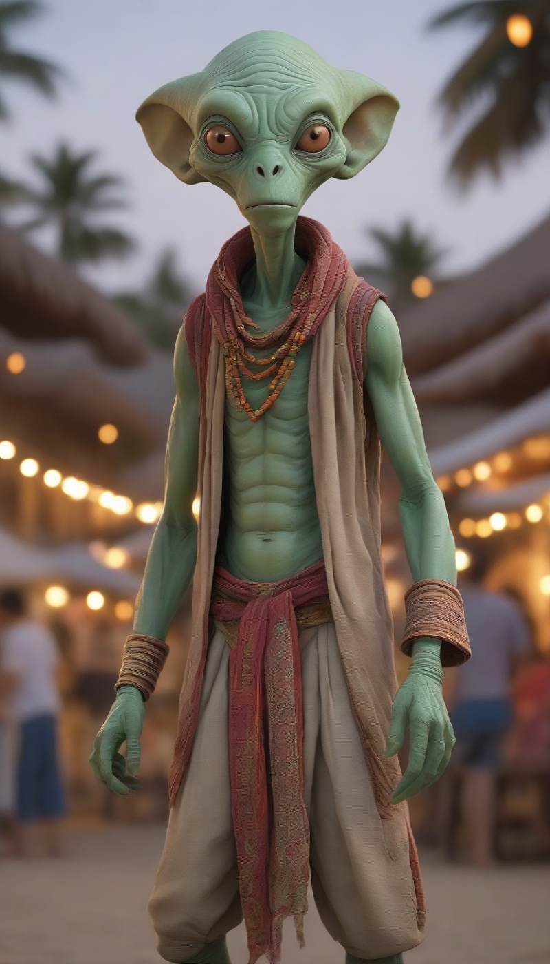 A green alien figure posing in the desert with a red scarf.