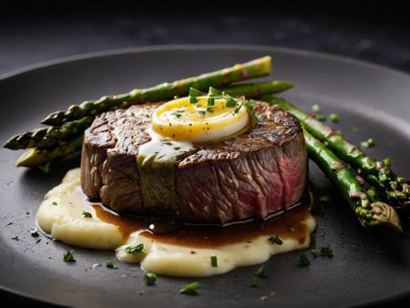 cinematic photography, RAW photo, closeup shot, very closeup on subject, side view, ground shot, perfect round medallion of fillet mignon steak, (uncut:2), well marbled, cooked rare, perfectly browned all around, ((dark caramelization on the top surface of the steak)), nice char, (pat of garlic herb butter (on top) of the steak), (au jus:1.5), with ((fluffy mashed potatoes)) and ((grilled asparagus)) on gray stone plate, ((((steam rising from the food)))), ,bokeh, shallow depth of field, food photo, 8k, ultra sharp focus, intricate details, hyperrealism, DSLR, volumetric lighting, rim lighting, high quality, film grain, Fujifilm XT, SK_CINEMATIC, <lora:zavy-rmlght-sdxl:1> zavy-rmlght