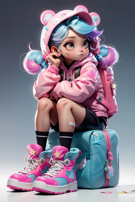 masterpiece, best quality, 8k, cinematic light, ultra high res, chibi, 1girl, bag, backpack, solo, multicolored hair, shorts, star \, (symbol\), blue hair, hood, sitting, pink hair, star hair ornament, head rest, socks, pink footwear, black shorts, hair ornament, full body, boots, bandaid, gradient, twintails, jacket, <lora:chibi_04:1:TEST>