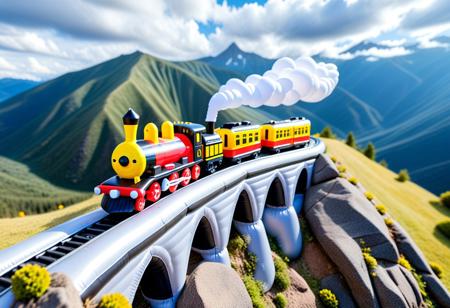 Masterpiece, 3d, miniature toy, (inflatable:1.2) train in a mountain, cloudy,