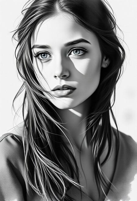 This delicate watercolor portrait of a young woman is reimagined as a black-and-white photograph, capturing an atmospheric setting rich with emotion and depth. Her softly painted expression becomes sharply defined, with high-contrast lighting casting deep, dramatic shadows across her face. The tendrils of watercolor hair now resemble wind-swept strands frozen in time, emphasizing movement within stillness. The background fades into a gentle blur, evoking intimacy and isolation, as though she stands at the threshold of a mythic moment. The overall composition, though minimal, is charged with presence—every glance, shadow, and highlight resonating with a quiet story, blending the personal and the timeless in a singular, iconic image.