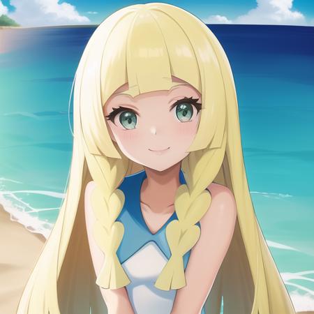 <lora:character_pokemon_lillie_v3:0.5> beach, 1girl, character_pokemon_lillie, solo, standing, (portrait), looking at viewer, smile, twin braids, dress