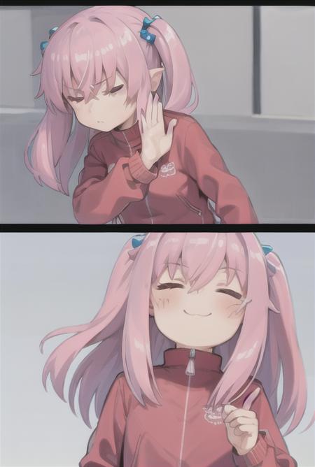 <lyco:drakeposting-08:0.7>  drakeposting, 1girl, solo, long hair, bangs, simple background, hair ornament, long sleeves, hair between eyes, closed mouth, jacket, upper body, pink hair, comic, one side up, parody, meme, track jacket, pink jacket, cube hair ornament