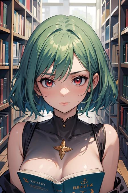 (Masterpiece), high quality, best quality, 1girl, tall female, mature female, medium breasts, (short hair, green hair, straight hair, shiny hair),BREAK  red eyes, tsurime, glowing, glowing eyes, eye glitter, glitter, BREAK reading, book, bookshelf, library, studying, portrait, upper body, close up