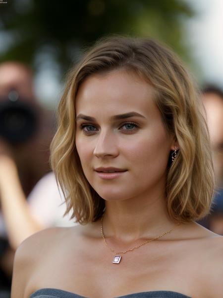 Realistic photo of a beautiful d14n3k woman,1girl,solo,long hair,looking at viewer,blue eyes,blonde hair,bare shoulders,jewelry,upper body,necklace,lips,realistic,soft lighting, professional Photography, Photorealistic, detailed, RAW, analog, sharp focus, 8k, HD, high quality, masterpiece<lora:d14n3k:1.0>