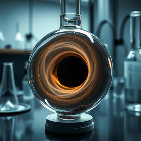 A more photorealistic black hole being studied in a laboratory, trapped in a glass tube, distorting reality