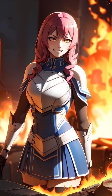 white armor blue trim blue miniskirt long hair pink hair yellow eyes thighhighs