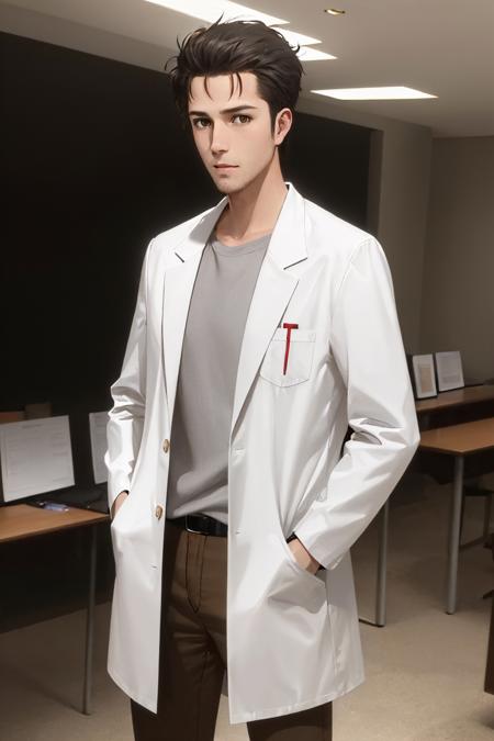 (masterpiece, best quality:1.2), solo, male focus, 1boy, okabe rintaro, expressionless, closed mouth, looking at viewer, hands in pockets, labcoat, shirt, brown pants <lora:steinsgate_okabe:0.8>