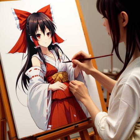 <lora:artist_hands_v1:0.7>, detailed hakurei reimu shaped, on_back, holding paintbrush, painting (action), palette (object), art brush, canvas (object), easel