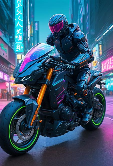 A black suited mecha riding a futuristic motorbike, Akira Style motorbike,  color pencil painting  cinematic composition,complex multiple subjects, 4k HDRvaporwave style , , cyberpunk, vibrant, neon colors, , highly detailed,,,Leica Q2 with Summilux 35mm f/1.2 ASPH, ,clear face, Ultra High Resolution, wallpaper, 8K,Rich texture details, hyper detailed, detailed eyes, detailed background, dramatic angle,