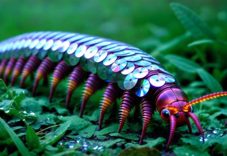 macro photo, centipede made of cd's, dirt, rocks, leaves, antennae, dew, water droplets, outside, grass