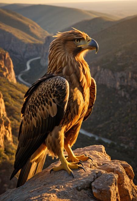 Majestic griffin perched on mountain cliff during golden hour, wind ruffling feathers with individual barbs visible. Wildlife photography telephoto perspective, natural lighting emphasizing form and texture. Photojournalistic approach to mythical creature documentation, Audubon illustration precision. Sharp focus with atmospheric perspective showing scale and environment.