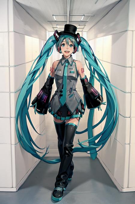 masterpiece, best quality, illustration,
1girl, solo, (hatsune miku:1.4), hat, top hat, blue sweater, denim, black shoes, sneakers,  walking,
VIS2,  hallway, indoors, tiles,  ceiling, tile wall,
 <lora:VirtualInsanity_V4_1_MIDD_Resize_DIM8:1>