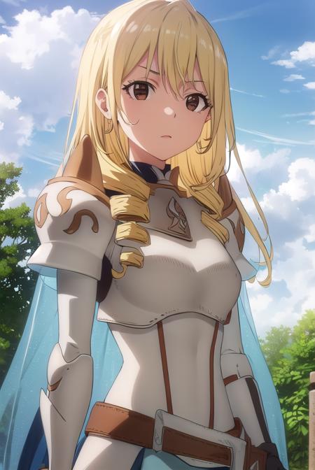 bozescopalesti, <lora:bozes co palesti s1s2-lora-nochekaiser:1>,
bozes co palesti, long hair, blonde hair, (brown eyes:1.5), drill hair,
BREAK skirt, gloves, cape, armor, shoulder armor, gauntlets, jewelry, earrings, breastplate,
BREAK outdoors, forest, nature, sun, sky, clouds, trees, grass,
BREAK looking at viewer, (cowboy shot:1.5),
BREAK <lyco:GoodHands-beta2:1>, (masterpiece:1.2), best quality, high resolution, unity 8k wallpaper, (illustration:0.8), (beautiful detailed eyes:1.6), extremely detailed face, perfect lighting, extremely detailed CG, (perfect hands, perfect anatomy),