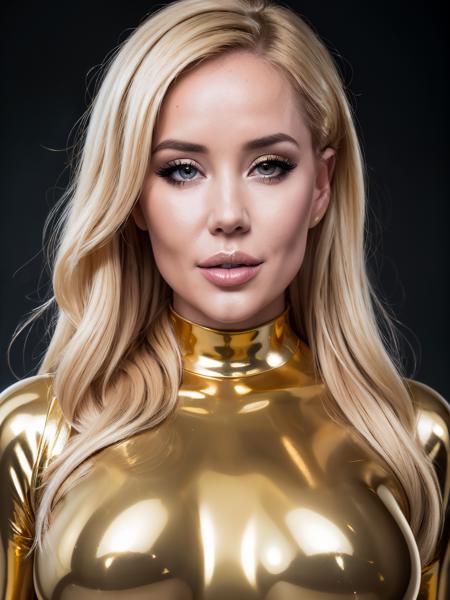 closeup headshot, RAW photo of a gorgeous blonde woman, savbond, (wearing a shiny gold-full-body-suit:1.2) , 55mm professional photography, full detail, detailed face, 8k uhd, dslr, soft lighting, high quality, film grain, Fujifilm XT3, dark theme  <lora:LowRA:0.3>