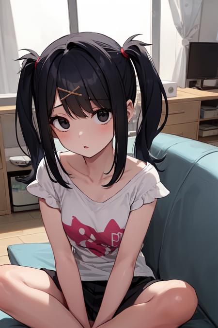 black eyes, black hair, twintails, jirai kei, suspenders, red shirt, black skirt, black socks, kneehighs, mary janes x hair ornament