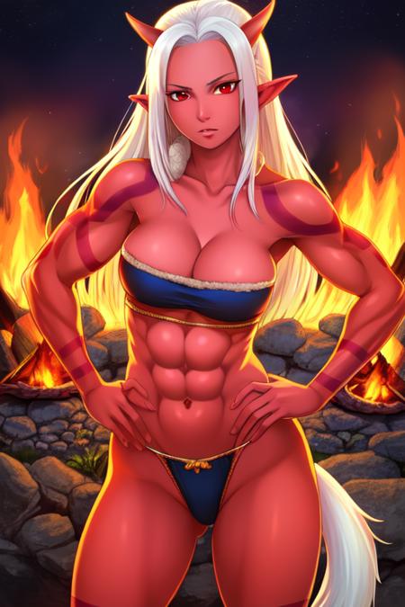 Ogre,horns, pink skin with red tattoo,  pointy ears,  long white hair, pony tail, bangs, tail  above buttocks,  red eyes, 
muscular,   
tube top,  underwear,  fur trim, 
standing, campfire, nighttime, upper body, hands on hips, 
(insanely detailed, beautiful detailed face, masterpiece, best quality),
 <lora:Ogre:0.7> realistic,