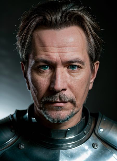 (<lora:GaryOldman:.8>) a Portrait photo of (go1) man with goatee, Detailed face, (perfect eyes), (highly detailed skin:1.1), perfect body, wearing a ((knight's armor)), Modelshoot style, Professional Photography, soft lighting, PHOTOREALISTIC, Realistic, standing in a dark studio background, blurred background, volumetric fog,. RAW, analog style, sharp focus, 8k, HD, DSLR, high quality, Fujifilm XT3, film grain, award winning, masterpiece,