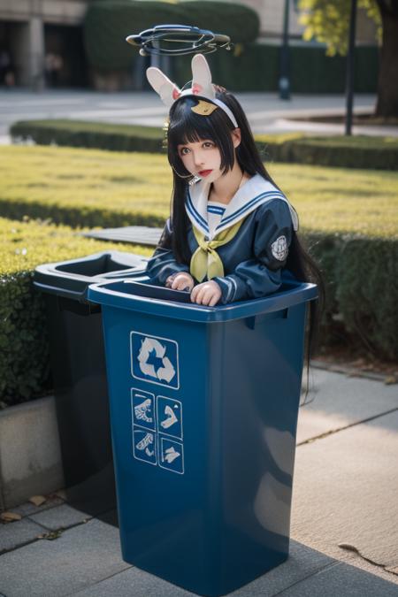 ltra-detailed,highly detailed,best quality,masterpiece,illustration,realistic,
kasumizawa miyu, 1gir l, solo, miyu \(blue archive\),cosplay,
bangs, long hair,fake animal ears, rabbit ears,
school uniform, serafuku, neckerchief, sailor collar,long sleeves, pleated skirt,
looking at viewer, in trash can,
photo background,outdoors, ruins,trash can, grass, bush,
<lora:kasumizawa miyu_v1_07:0.7>