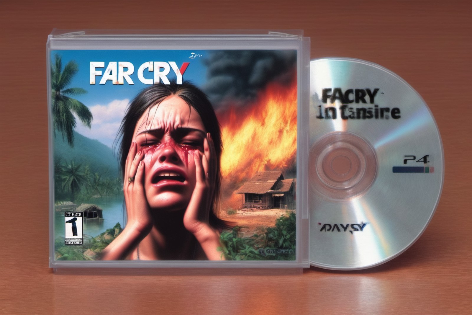 a hyper realistic picture of a PlayStation one jewel case CD cover of the game "Far Cry", we see a girl crying on the cove...