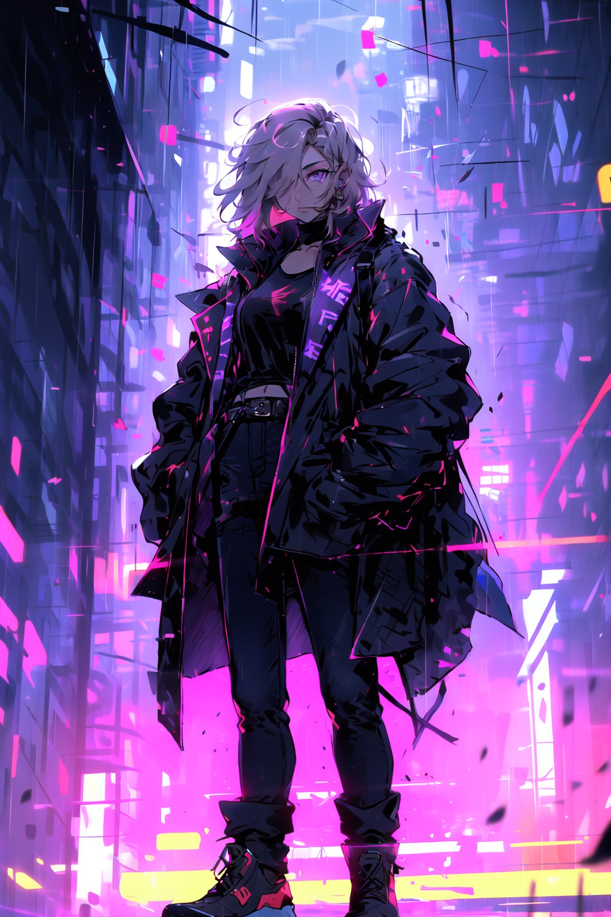 <lora:apocalyptic_cyberpunk:1>, virtual youtuber, 1boy, gloves, solo, multicolored hair, male focus, full body, streaked h...