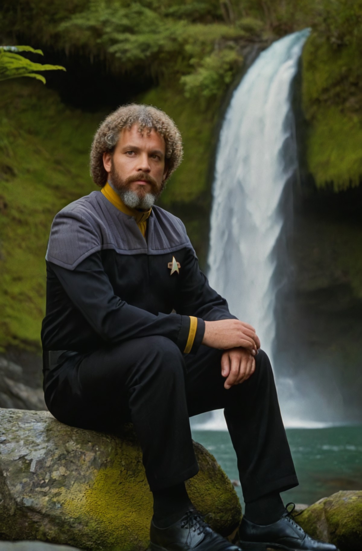 black ds9st uniform,grey shoulders,yellow collar,man with curly hair and beard sitting on a rock near a waterfall,professi...