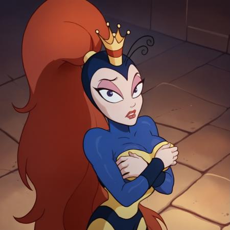 bodysuit, striped boots, high heels xqueenwhnx, red hair, very long hair, ponytail, crown, antennae, eyeshadow, lipstick, large breasts