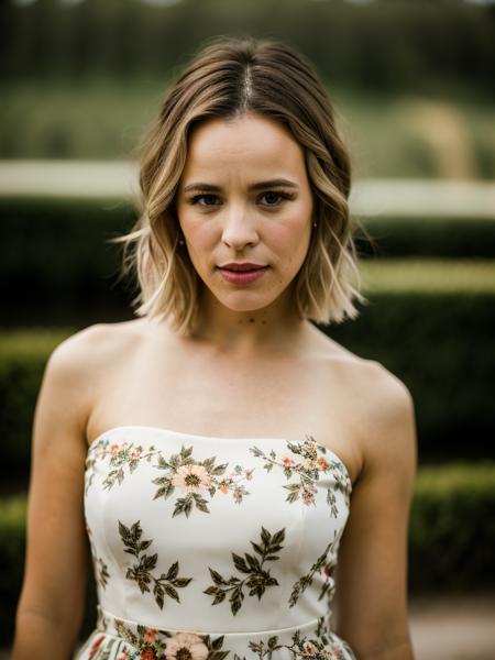 Realistic photo of a beautiful r4ch3lm-v2 woman, 1girl, solo, short hair, blonde hair, dress, standing, lips, floral print, realistic, mole on neck, mole on cheek, soft lighting, professional Photography, Photorealistic, detailed, RAW, analog, sharp focus, 8k, HD, DSLR, high quality, Fujifilm XT3, film grain, award winning, masterpiece<lora:r4ch3lm-v2:1.0>